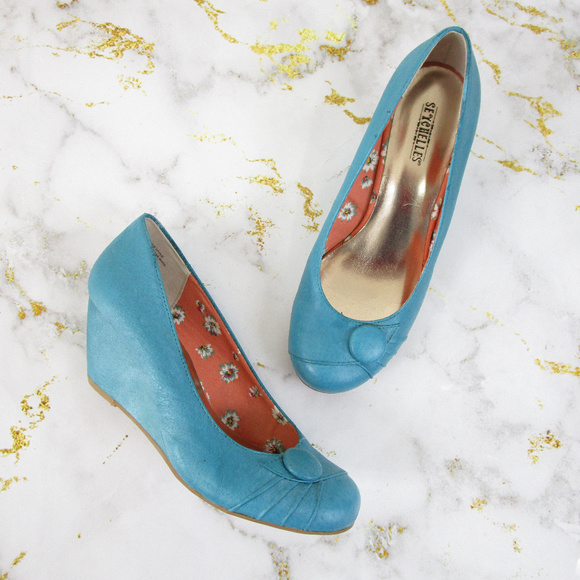 Seychelles Shoes - Seychelles Aqua Blue Leather Slip On Wedge Heels